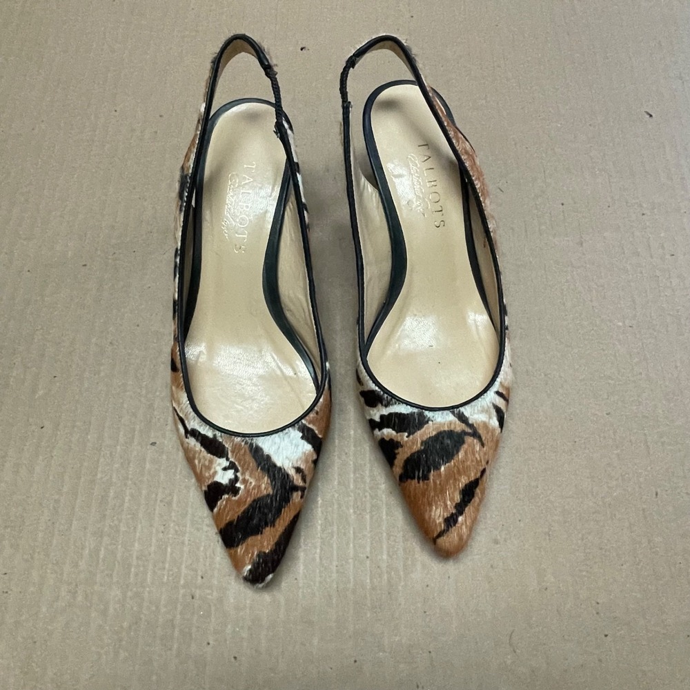 Talbots Size 5B Tiger Stripe Calf Hair Pointed Toe Slingback Kitten Heels Brazil